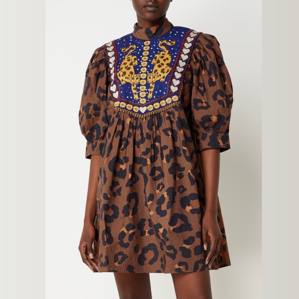 Farm Rio Anthropologie Caramel Maxi Leopard Mini Dress Embroidered